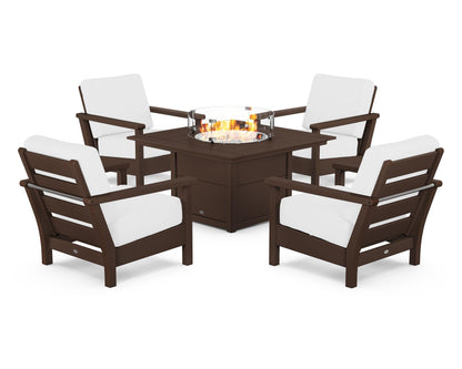 POLYWOOD® Harbour 5-Piece Conversation Set with Fire Pit Table in Mahogany / Natural