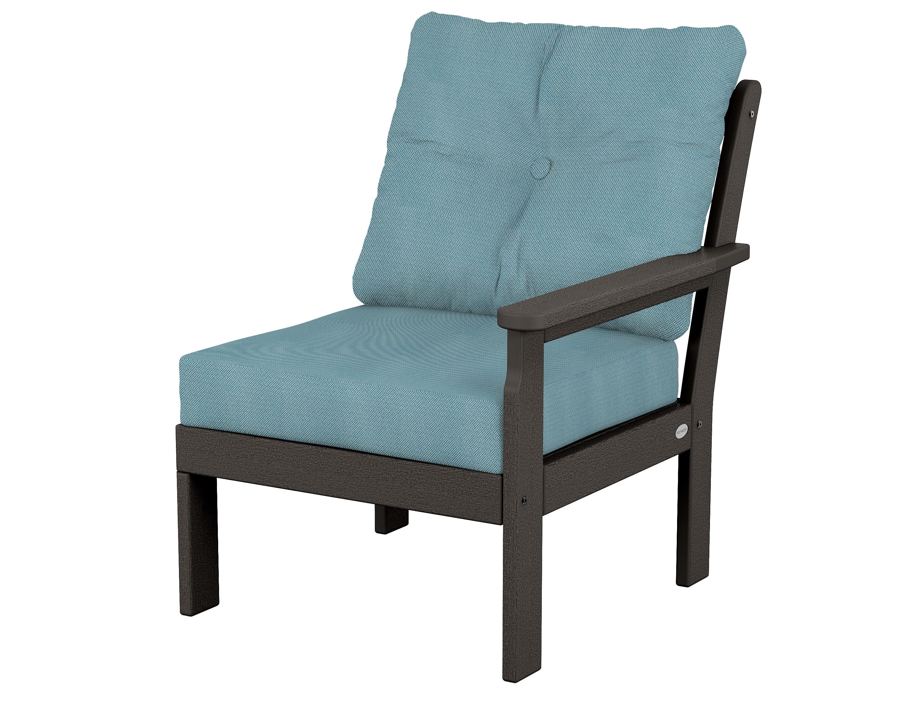POLYWOOD® Vineyard Modular Right Arm Chair in Vintage Coffee / Lattice Sky Blue