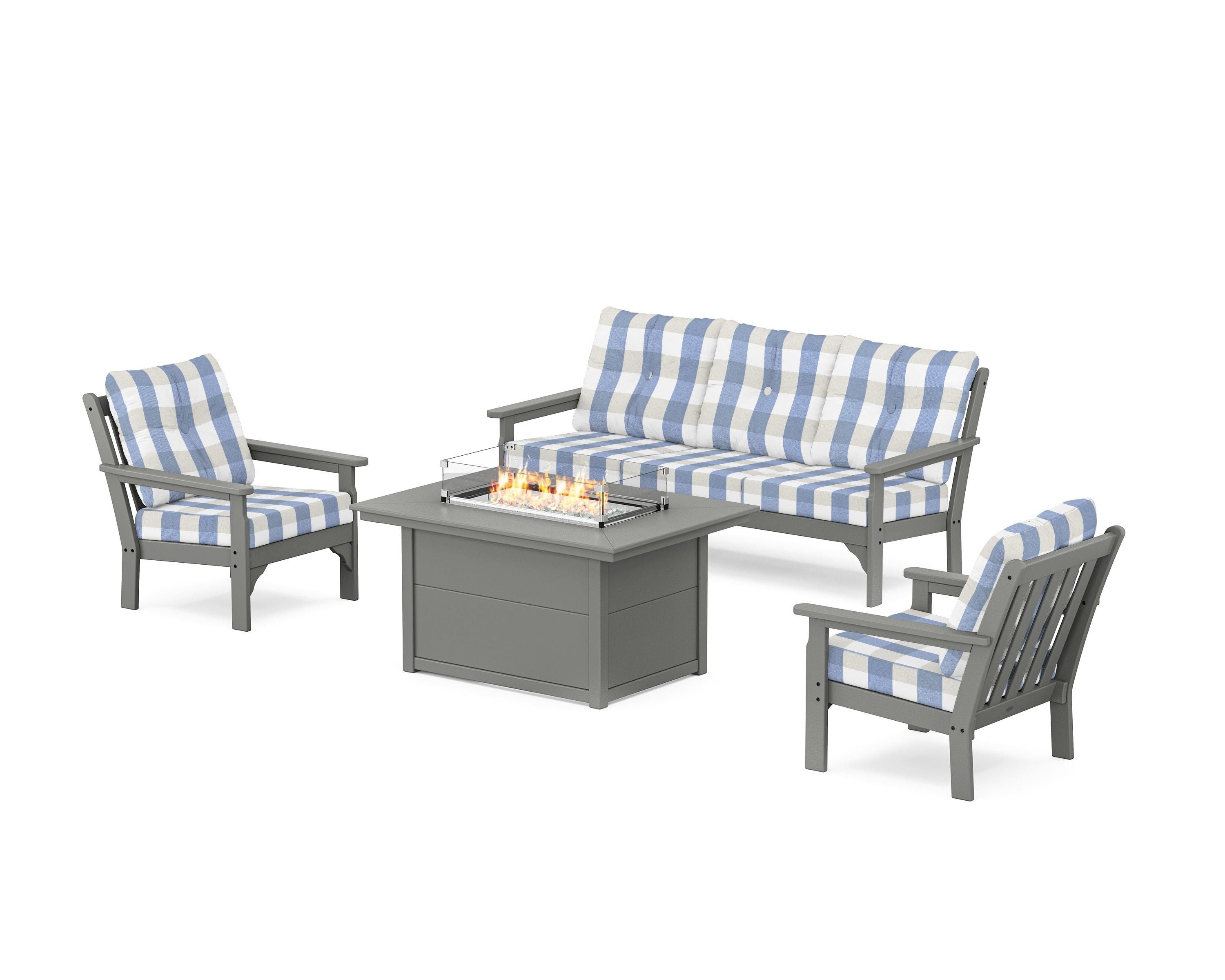 POLYWOOD® Vineyard Deep Seating Fire Pit Table Set in Slate Grey / Buffalo Plaid Sky Blue