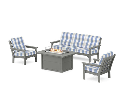 POLYWOOD® Vineyard Deep Seating Fire Pit Table Set in Slate Grey / Buffalo Plaid Sky Blue