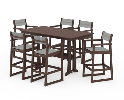 POLYWOOD® EDGE Sling Arm Chair 7-Piece Farmhouse Bar Set with Trestle Legs in Mahogany / Metallic Sling