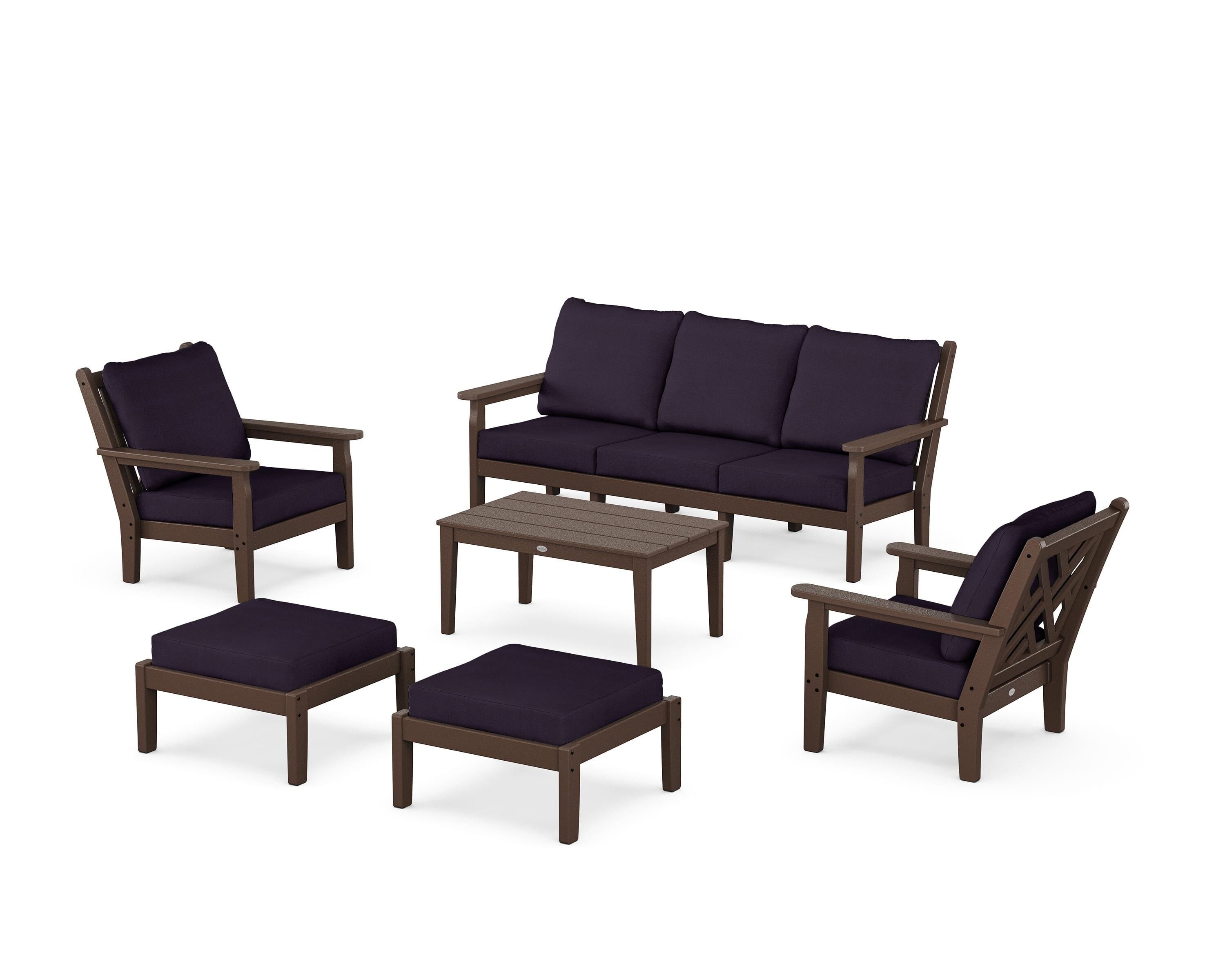 POLYWOOD® Chippendale 6-Piece Lounge Sofa Set in Mahogany / Navy Linen