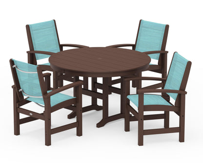POLYWOOD® Coastal 5-Piece Round Farmhouse Dining Set in Mahogany / Dupioni Aquamarine Sling