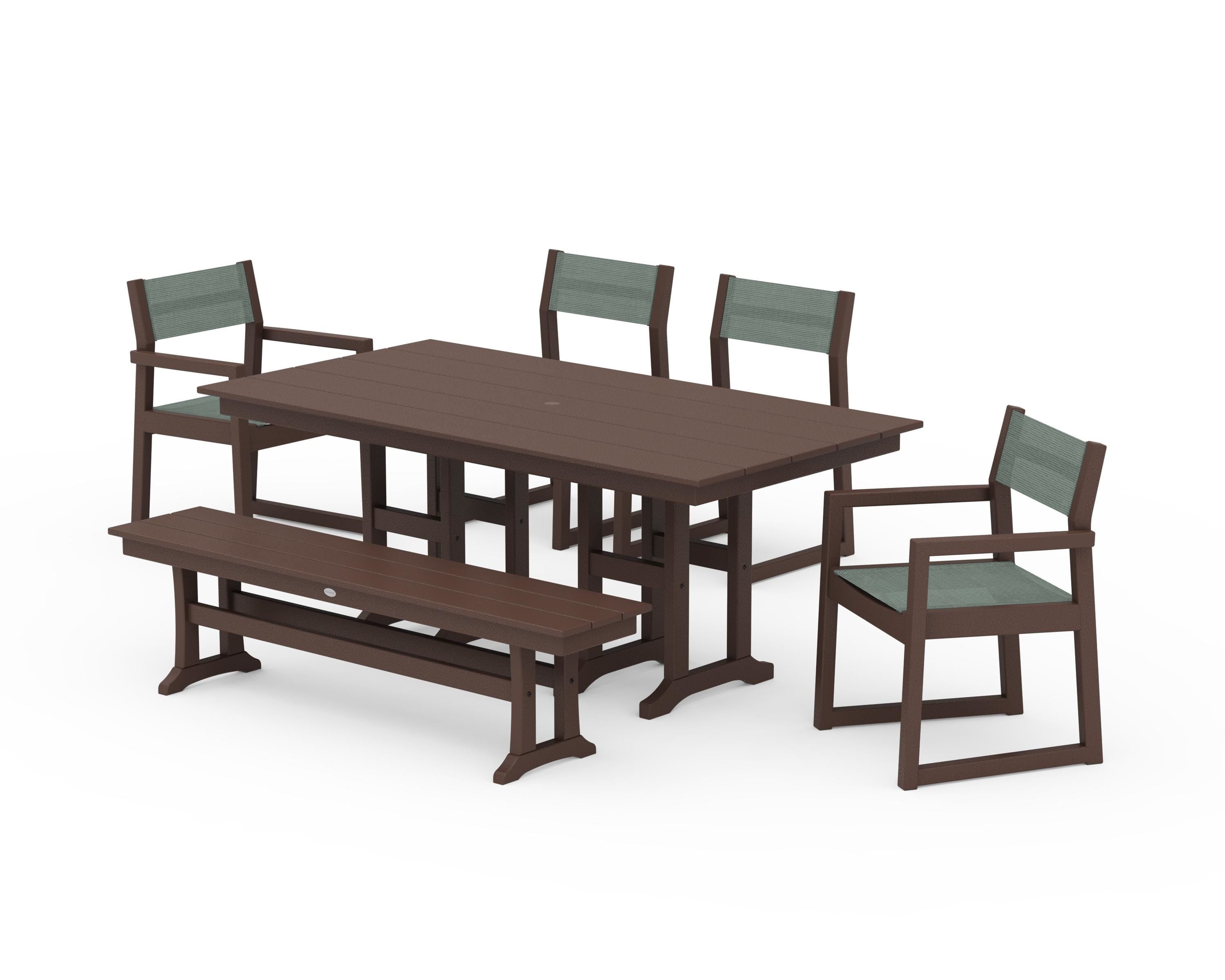 POLYWOOD® EDGE Sling 6-Piece Farmhouse Dining Set in Mahogany / Dupioni Sea Mist Sling