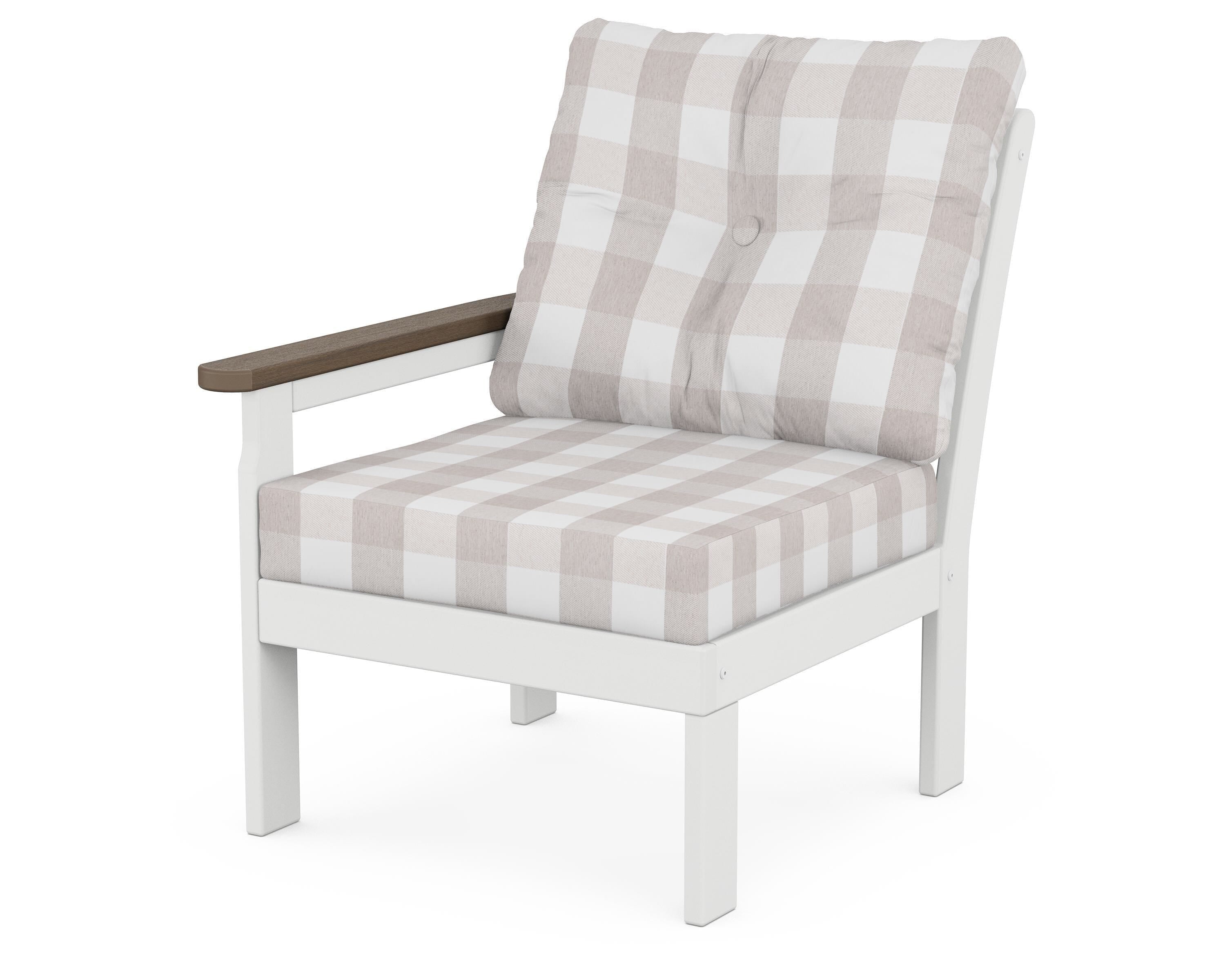 POLYWOOD® Vineyard Modular Left Arm Chair in White / Kona / Buffalo Plaid Dune Burlap