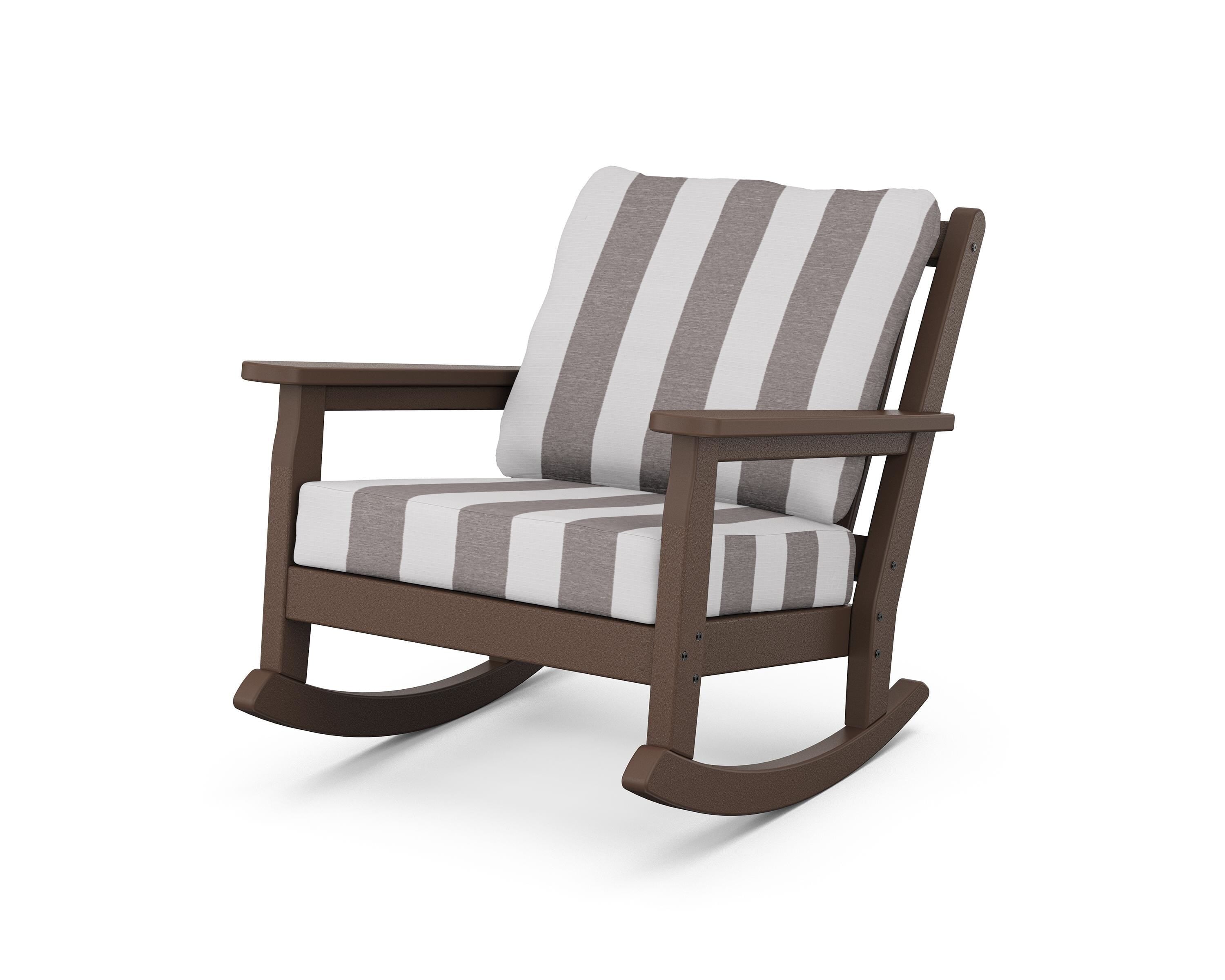 POLYWOOD® Chippendale Deep Seating Rocking Chair in Mahogany / Cabana Stripe Grey Mist