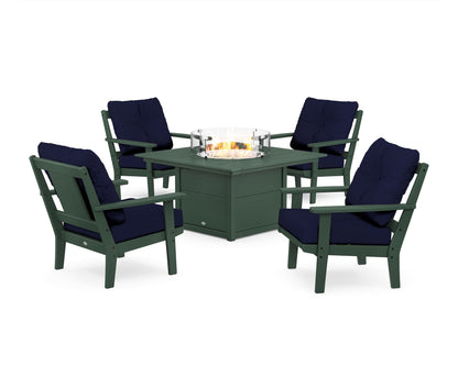 POLYWOOD® Prairie 5-Piece Deep Seating Set with Fire Pit Table in Green / Navy