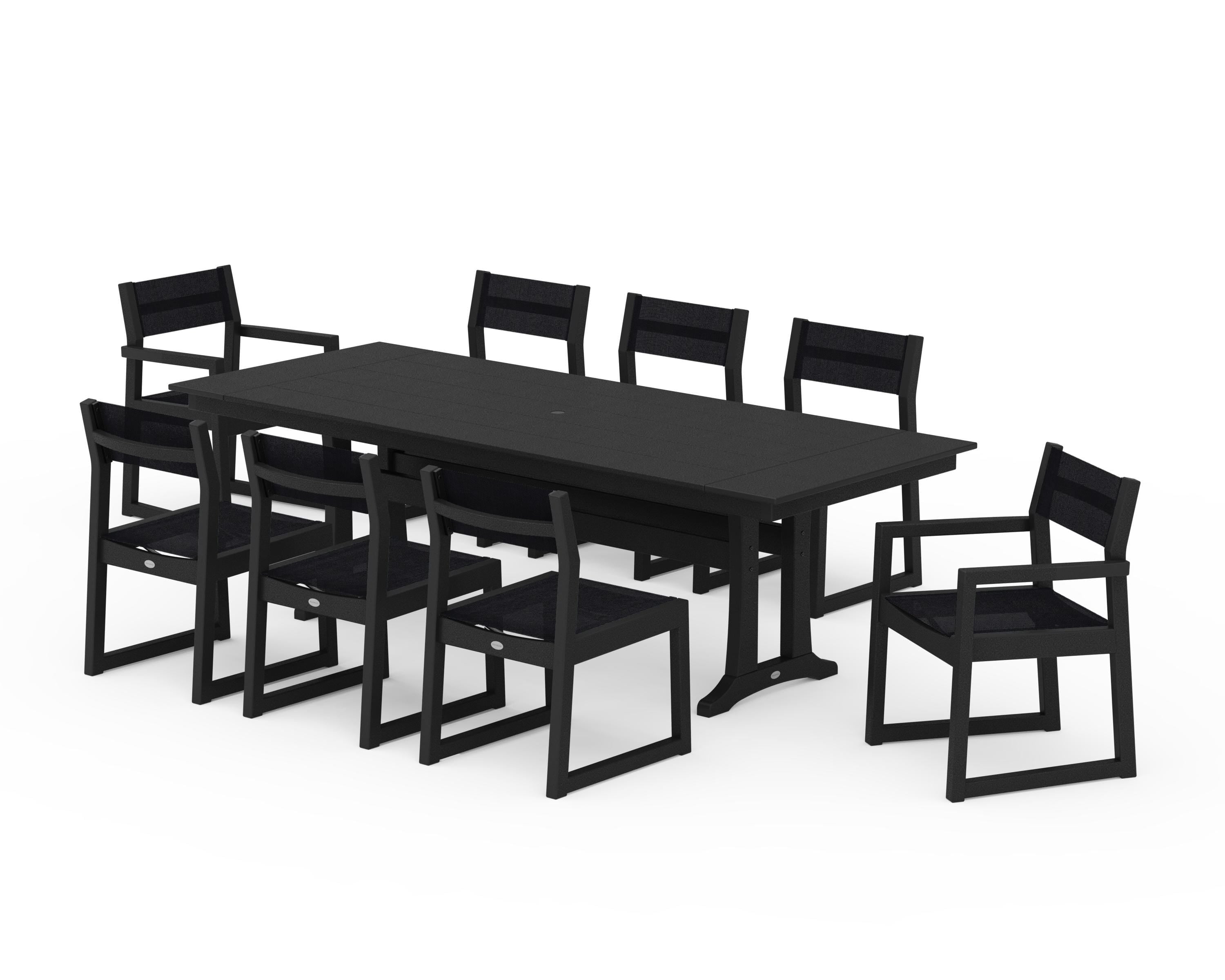 POLYWOOD® EDGE Sling 9-Piece Farmhouse Trestle Dining Set in Black / Black Sling