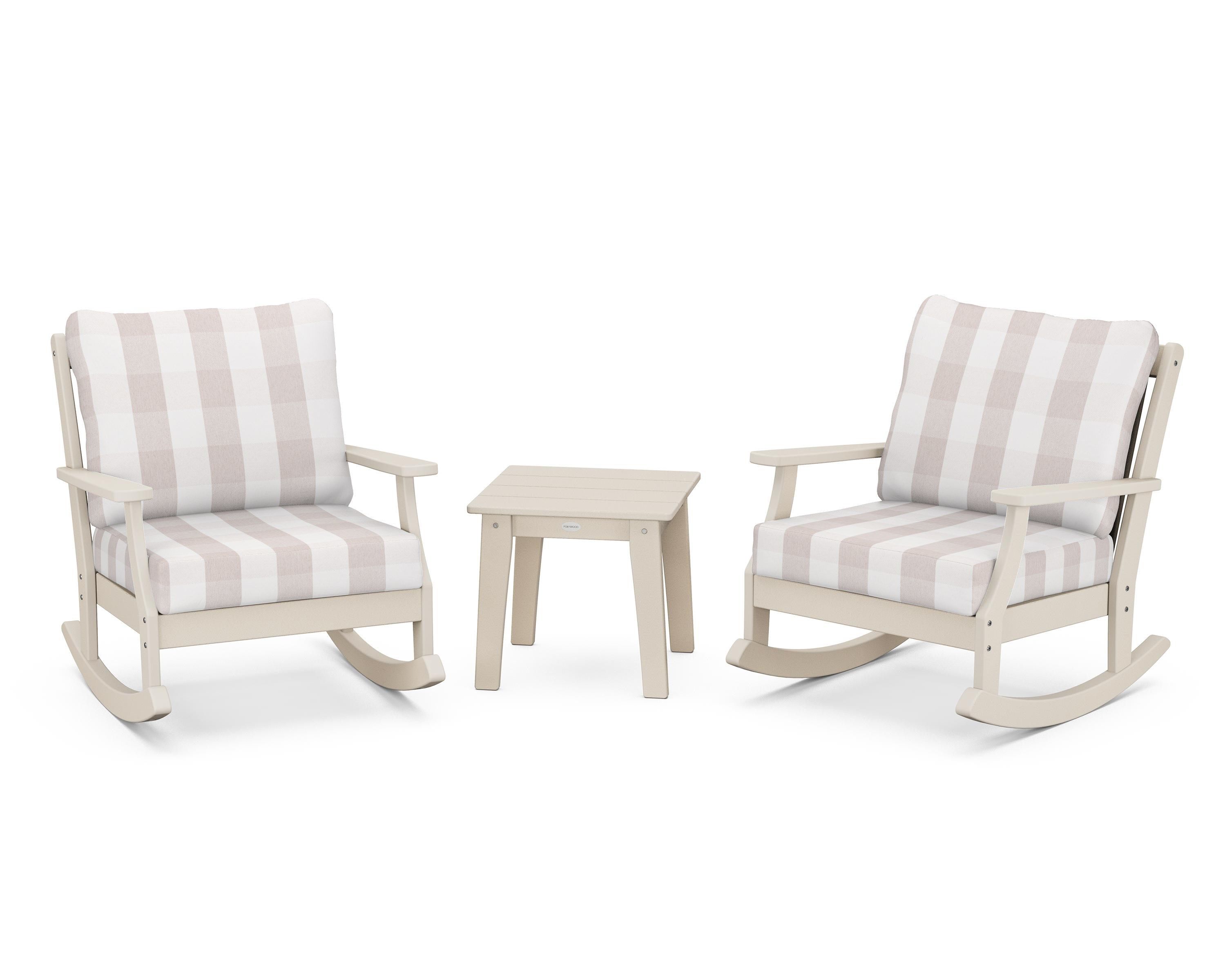 POLYWOOD® Braxton 3-Piece Deep Seating Rocker Set in Sand / Buffalo Plaid Dune Burlap
