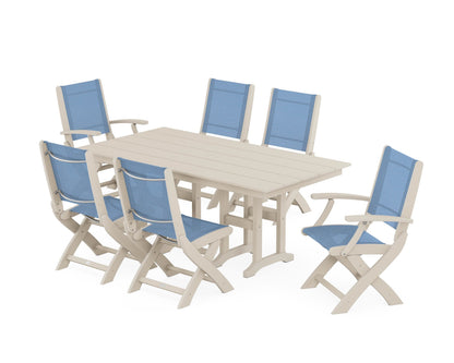 POLYWOOD® Coastal Folding Chair 7-Piece Farmhouse Dining Set in Sand / Poolside Sling