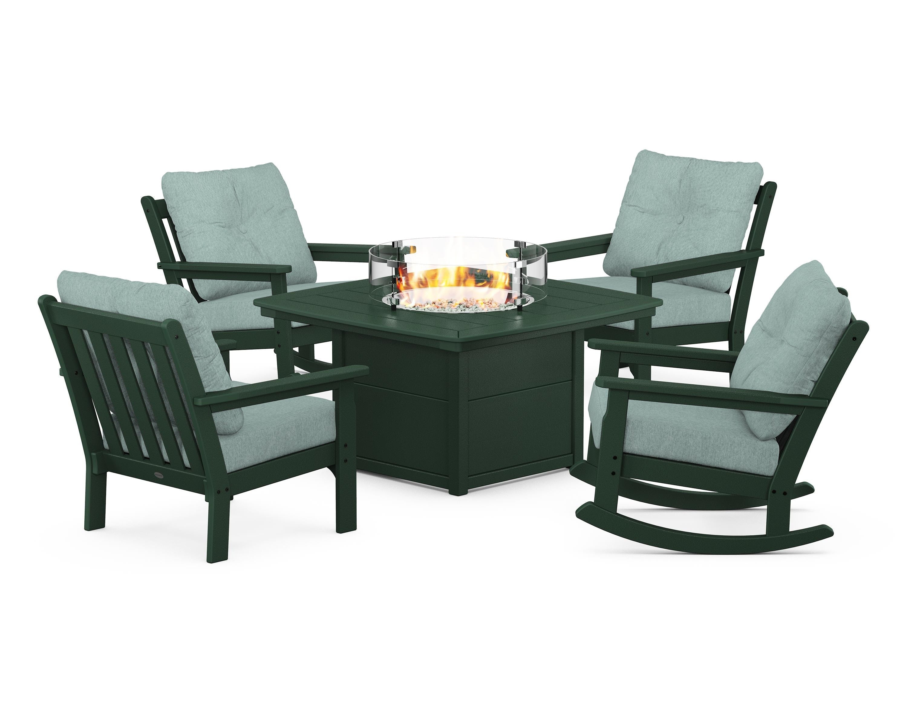 POLYWOOD® Vineyard 5-Piece Deep Seating Rocking Chair Conversation Set with Fire Pit Table in Green / Glacier Spa