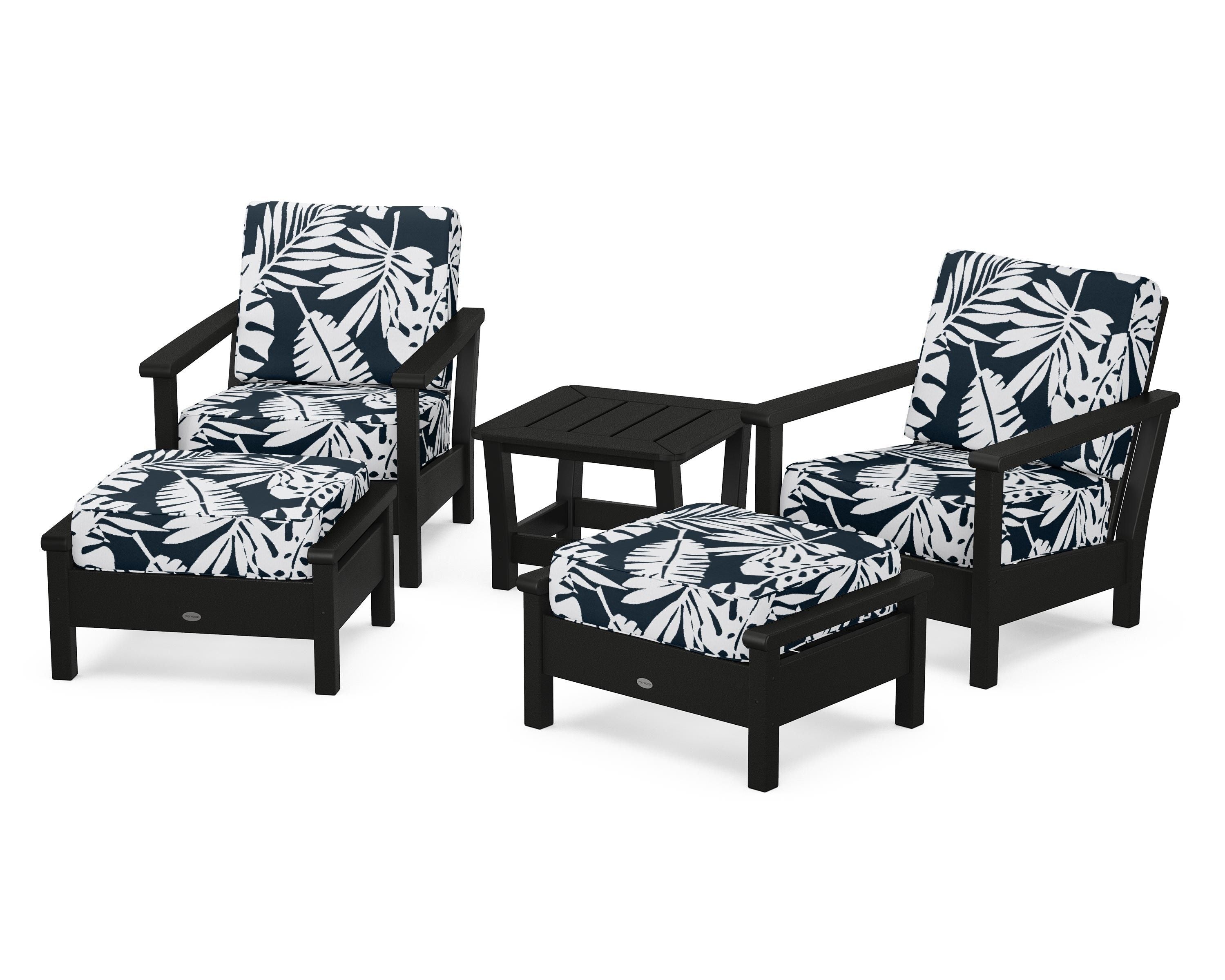 POLYWOOD® Harbour 5-Piece Deep Seating Chair Set in Black / Leaf Marine Indigo
