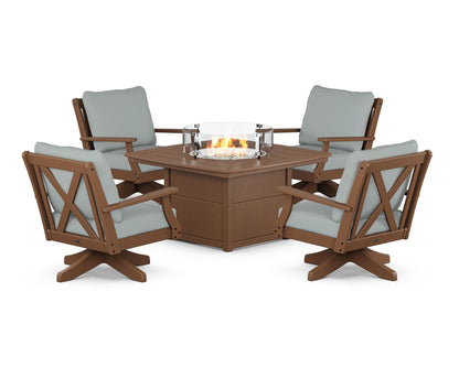 POLYWOOD® Braxton 5-Piece Deep Seating Swivel Conversation Set with Fire Pit Table in Teak / Spa