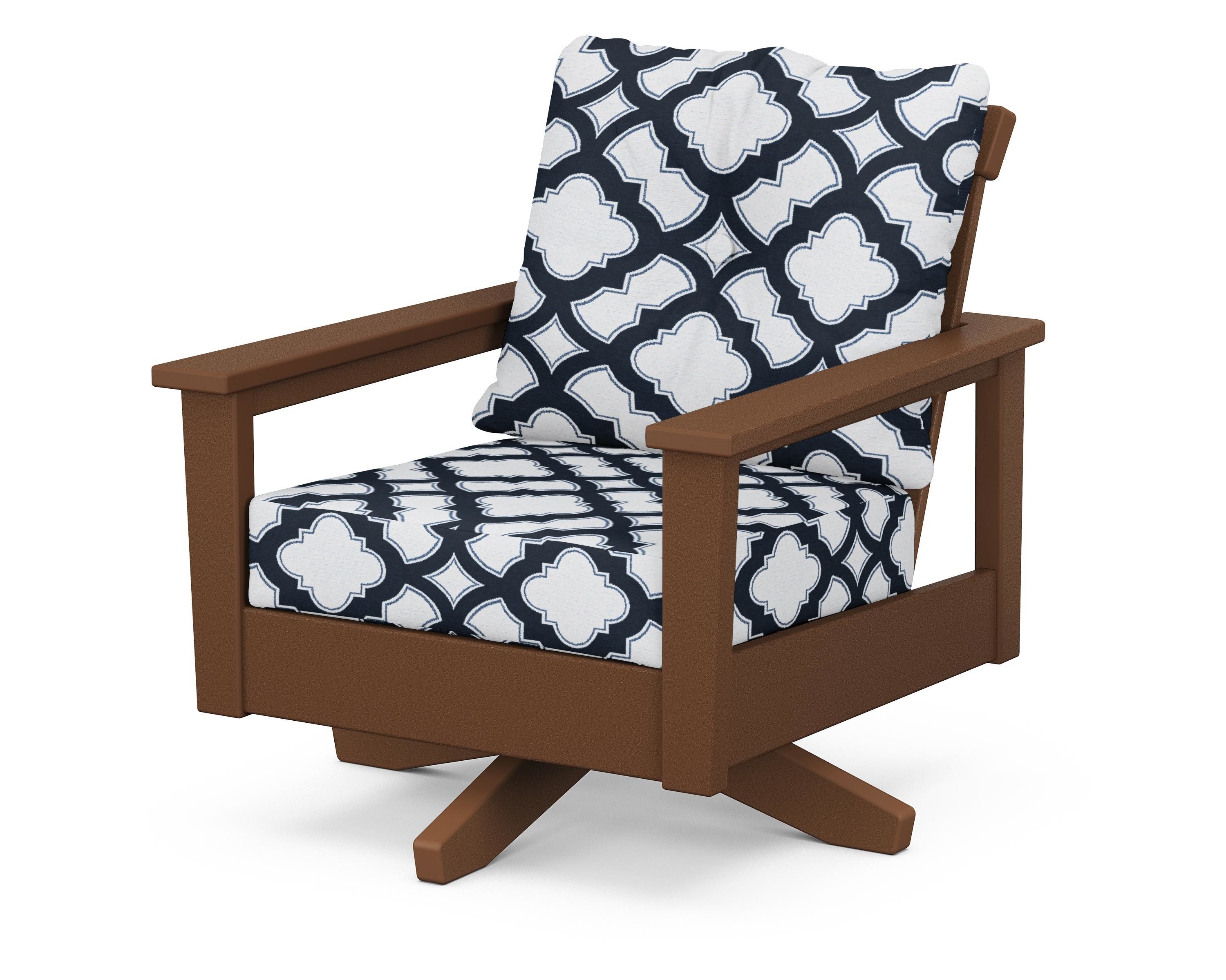 POLYWOOD® Prescott Deep Seating Swivel Chair in Teak / Trellis Marine Indigo