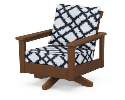 POLYWOOD® Prescott Deep Seating Swivel Chair in Teak / Trellis Marine Indigo