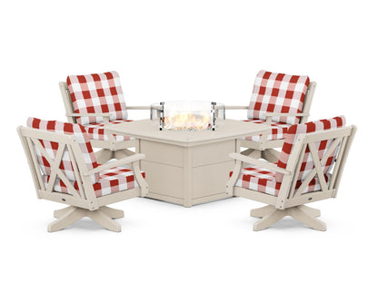 POLYWOOD® Braxton 5-Piece Deep Seating Swivel Conversation Set with Fire Pit Table in Sand / Buffalo Plaid Crimson