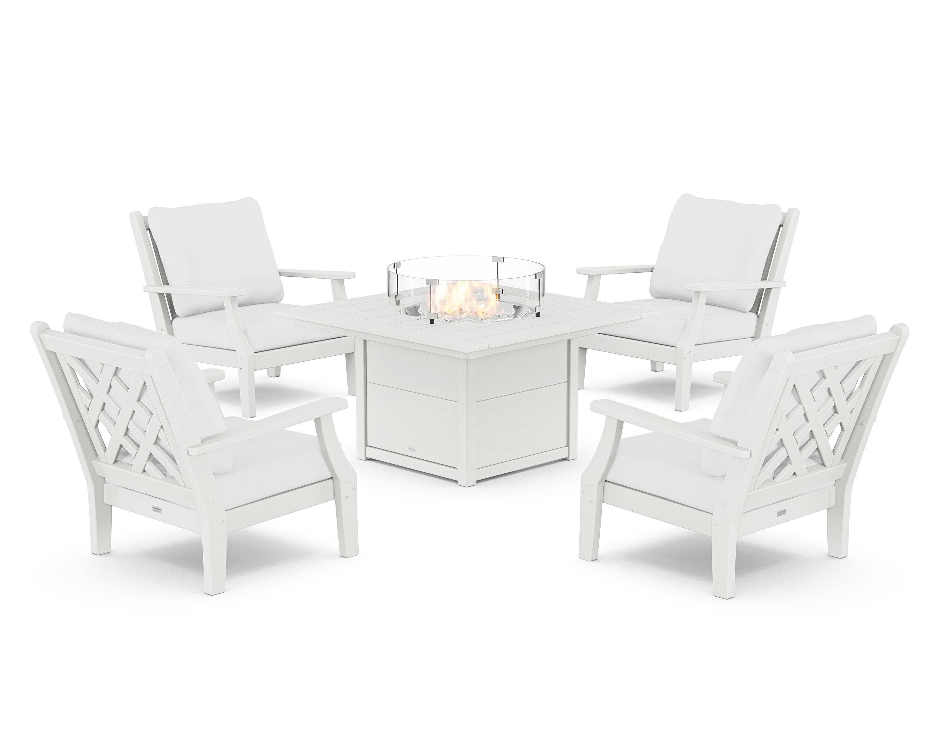 Country Living Wovendale 5-Piece Deep Seating Set with Fire Pit Table in White / Natural