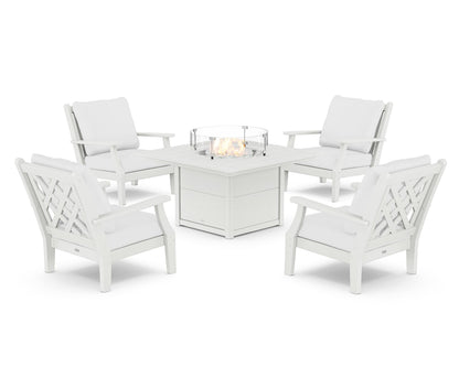 Country Living Wovendale 5-Piece Deep Seating Set with Fire Pit Table in White / Natural