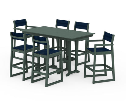 POLYWOOD® EDGE Sling 7-Piece Farmhouse Bar Set in Green / Navy Blue Sling