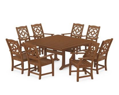 Martha Stewart by POLYWOOD® Chinoiserie 9-Piece Square Dining Set with Trestle Legs in Teak