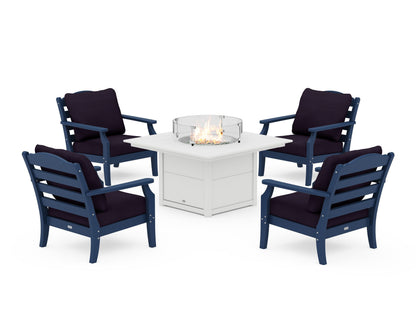 Draper James™ by  POLYWOOD® Savannah 5-Piece Deep Seating Set with Fire Pit Table in Navy / Navy Linen