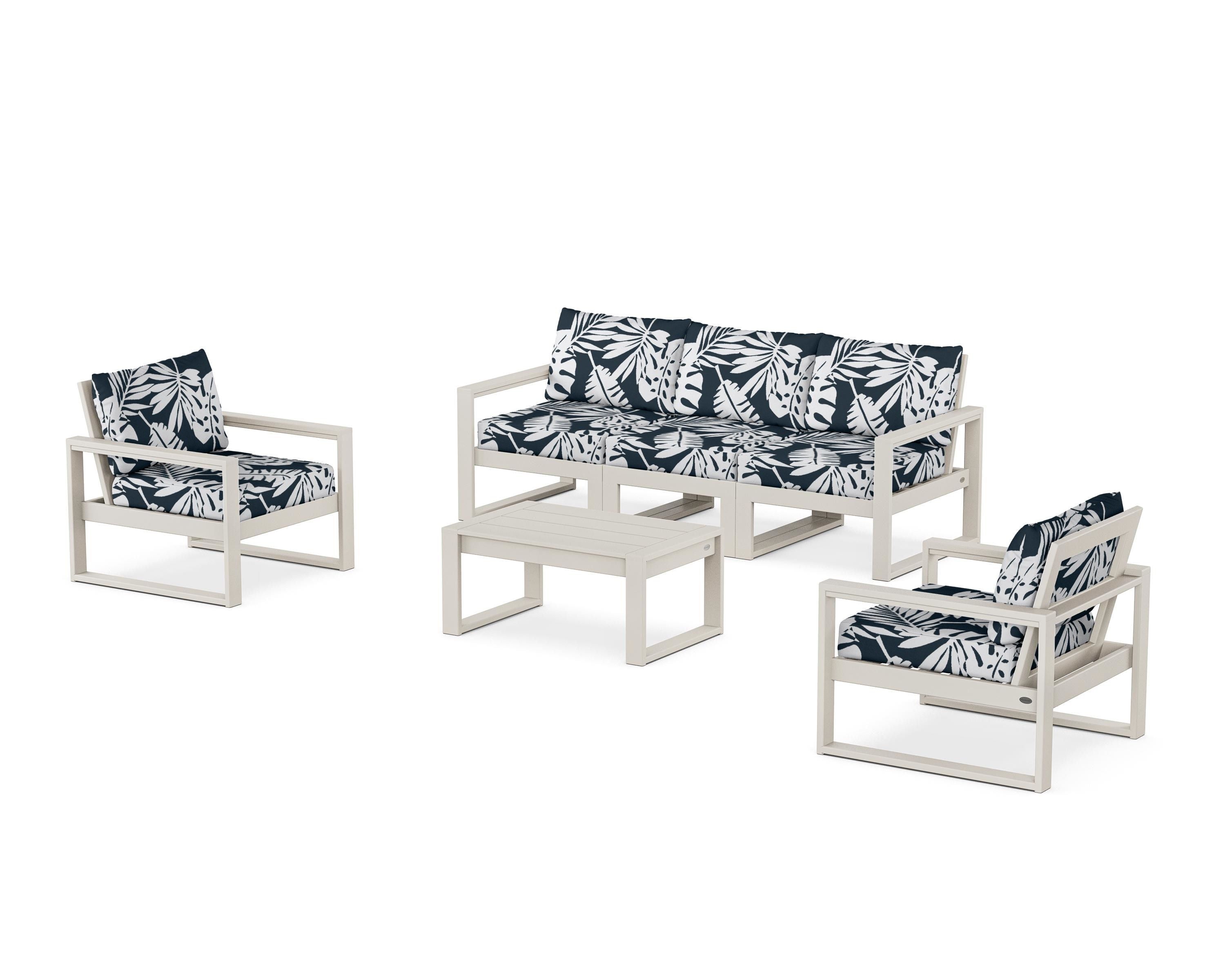POLYWOOD® EDGE Sectional 4-Piece Deep Seating Set with Sofa in Sand / Leaf Marine Indigo