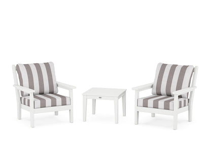 POLYWOOD® Chippendale 3-Piece Deep Seating Set in White / Cabana Stripe Grey Mist