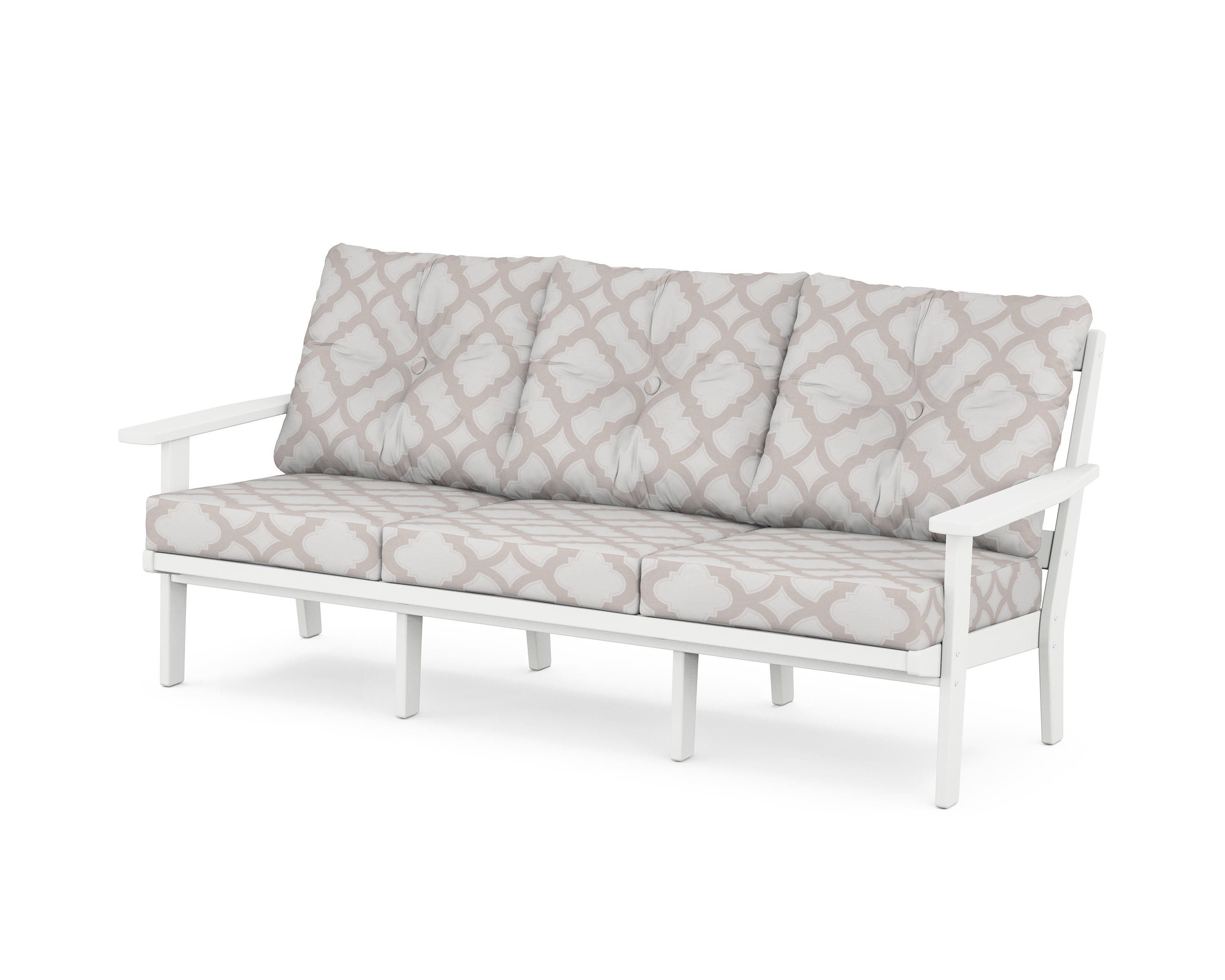 POLYWOOD® Oxford Deep Seating Sofa in White / Trellis Dune Burlap