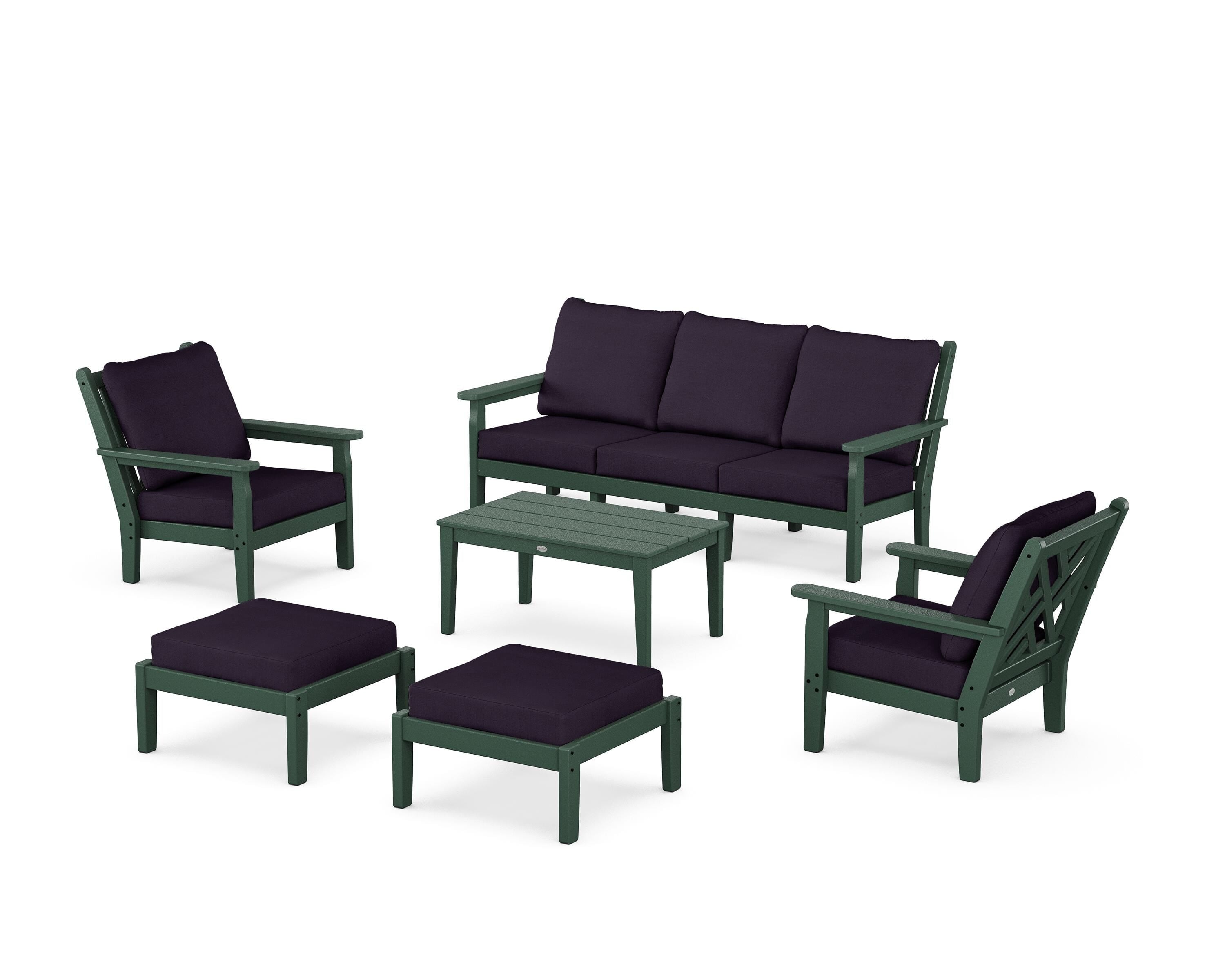 POLYWOOD® Chippendale 6-Piece Lounge Sofa Set in Green / Navy Linen