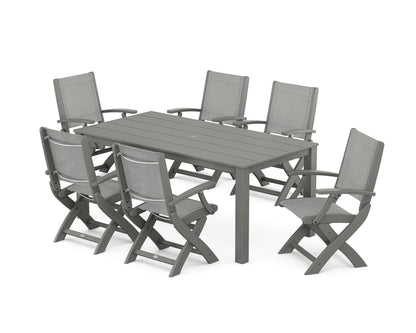 POLYWOOD® Coastal Folding Chair 7-Piece Parsons Dining Set in Slate Grey / Metallic Sling