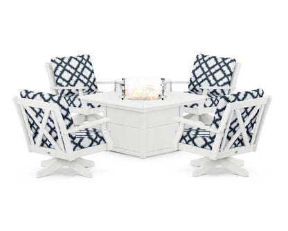 POLYWOOD® Braxton 5-Piece Deep Seating Swivel Conversation Set with Fire Pit Table in White / Trellis Marine Indigo