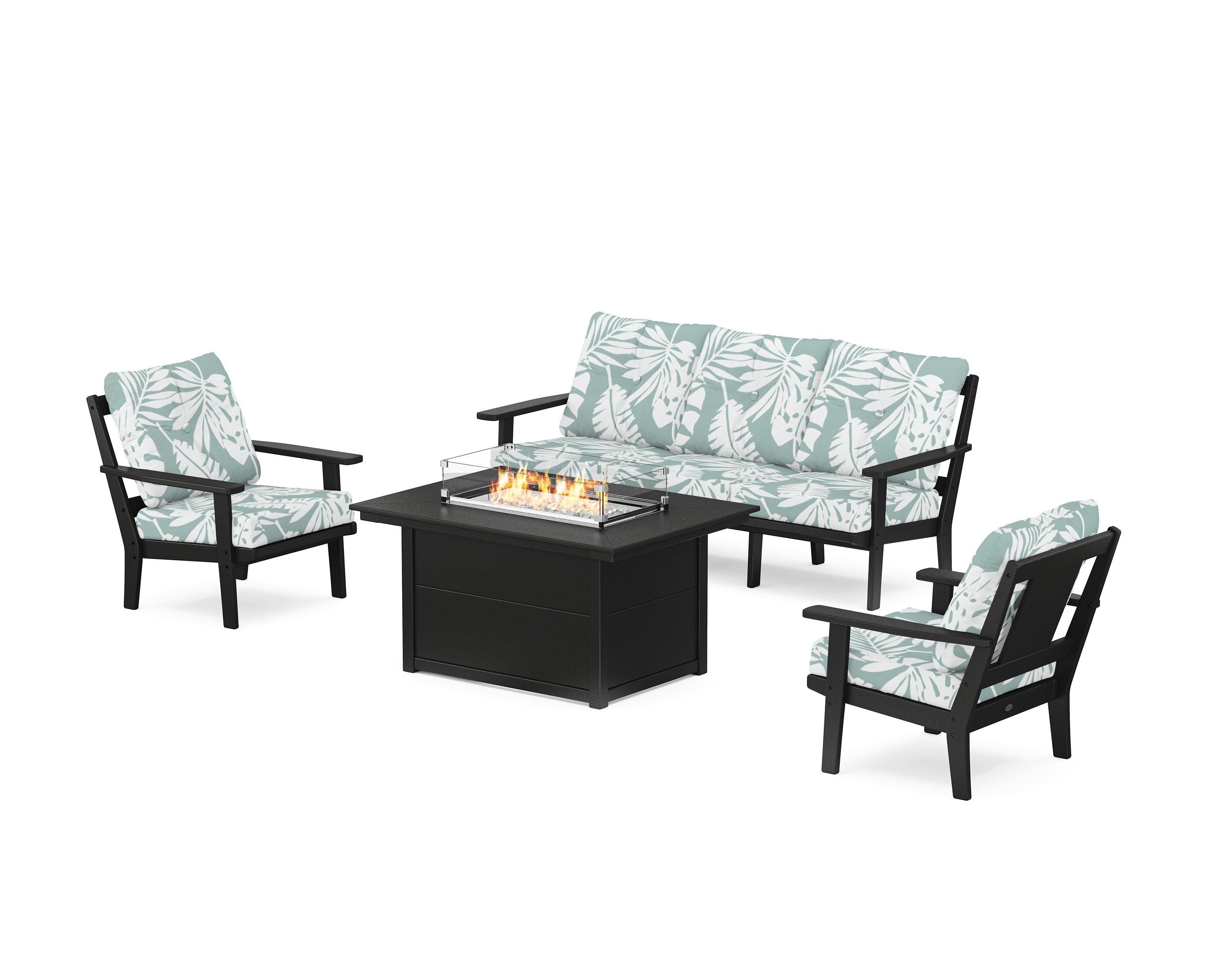 POLYWOOD® Prairie Deep Seating Fire Pit Table Set in Black / Leaf Glacier Spa