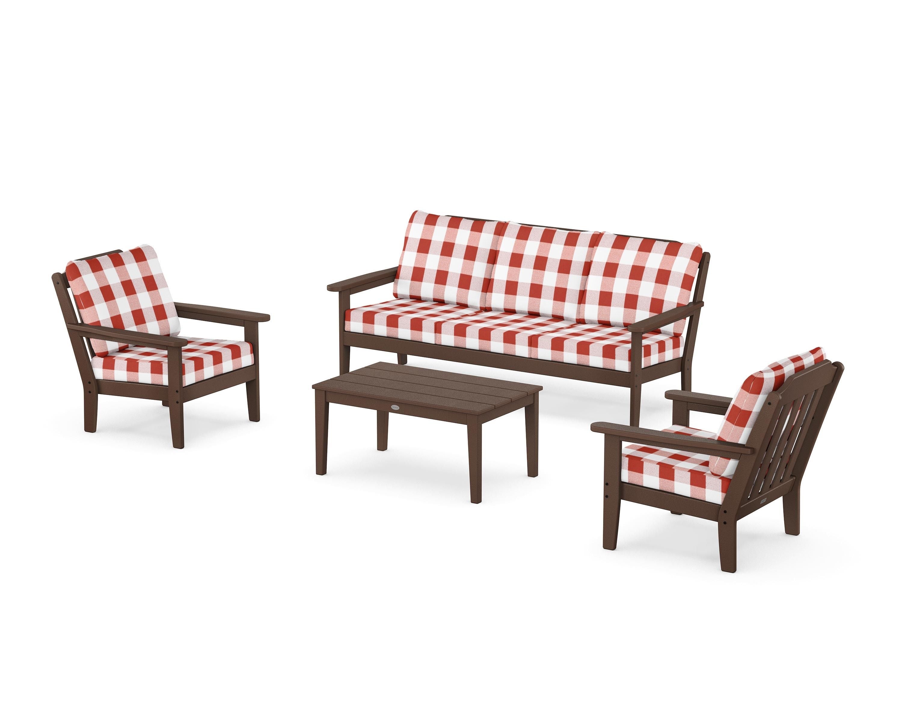 Country Living Cottage 4-Piece Deep Seating Set with Sofa in Mahogany / Buffalo Plaid Crimson