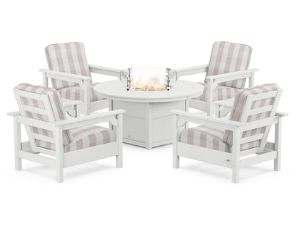 POLYWOOD® Club 5-Piece Conversation Set with Fire Pit Table in White / Buffalo Plaid Dune Burlap