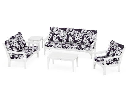 POLYWOOD® Vineyard 5 Piece Deep Seating Set in White / Leaf Navy