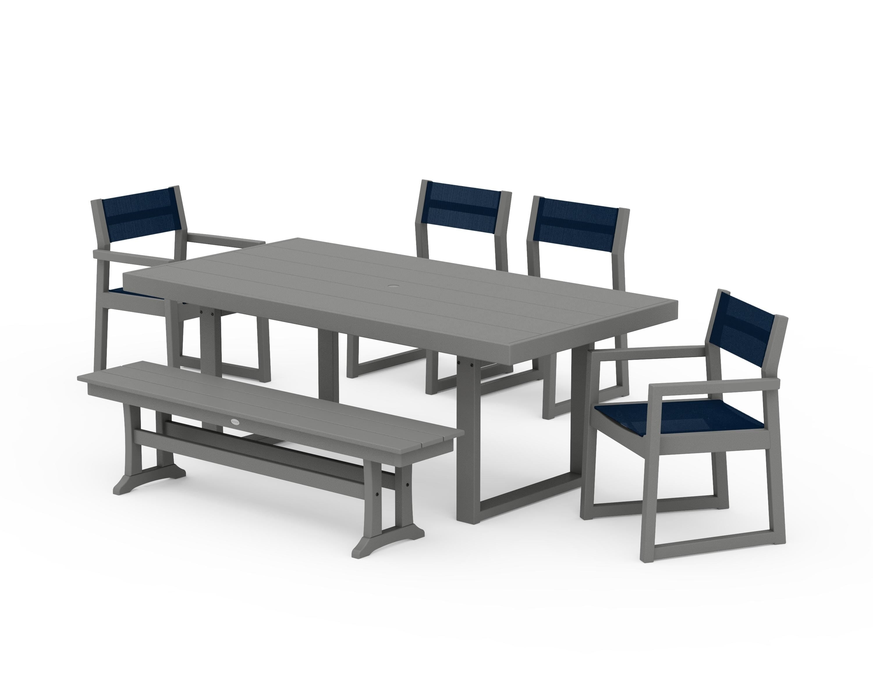POLYWOOD® EDGE Sling 6-Piece Dining Set with Bench in Slate Grey / Navy Blue Sling