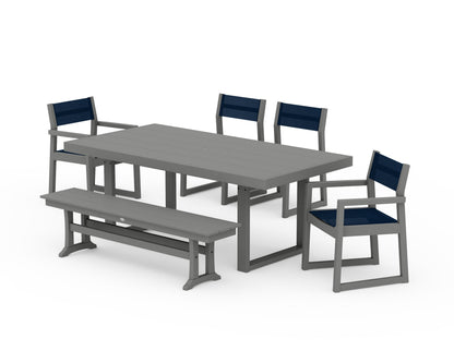 POLYWOOD® EDGE Sling 6-Piece Dining Set with Bench in Slate Grey / Navy Blue Sling