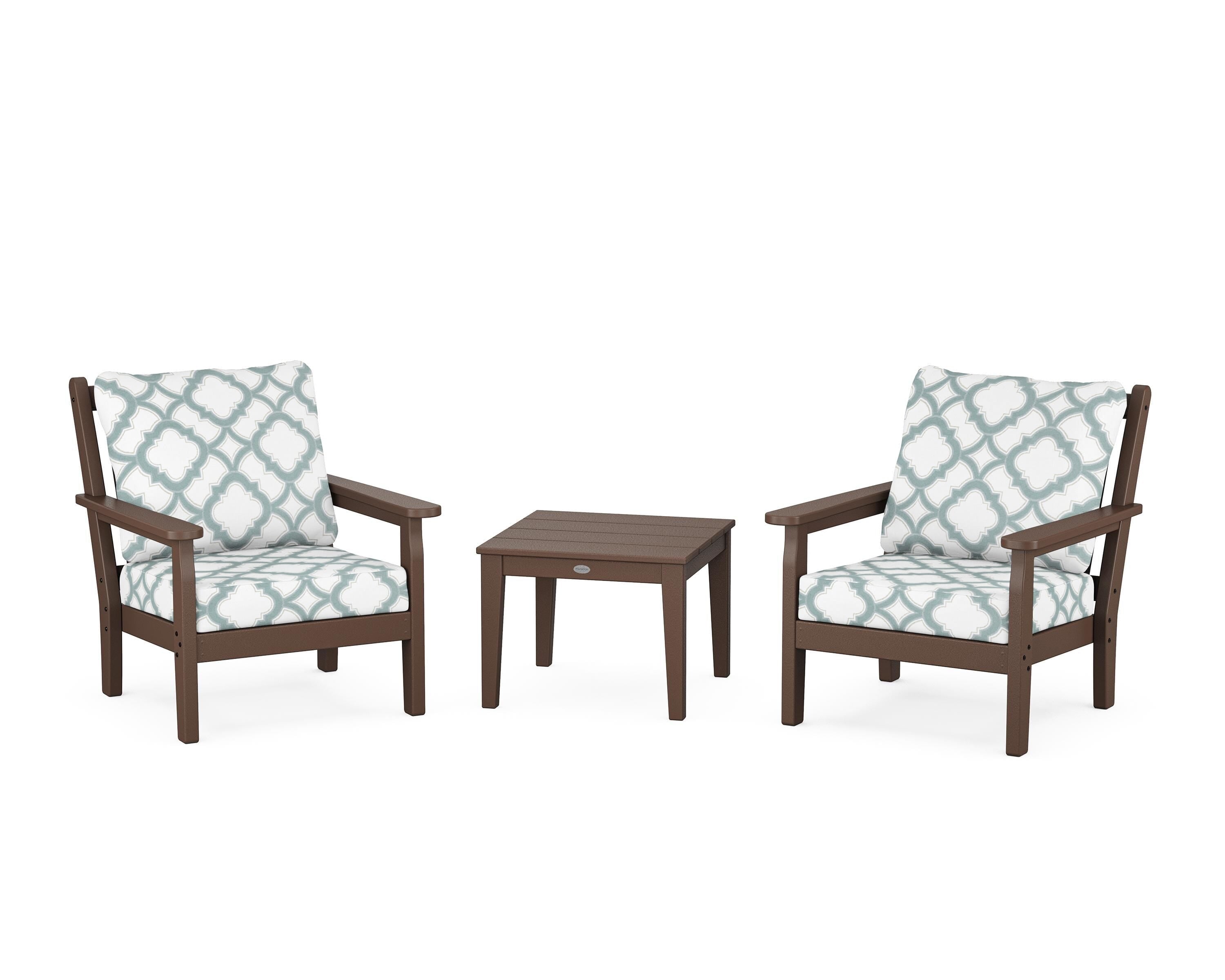 POLYWOOD® Chippendale 3-Piece Deep Seating Set in Mahogany / Trellis Glacier Spa
