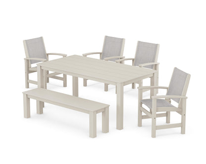 POLYWOOD® Coastal 6-Piece Parsons Dining Set with Bench in Sand / Parchment Sling