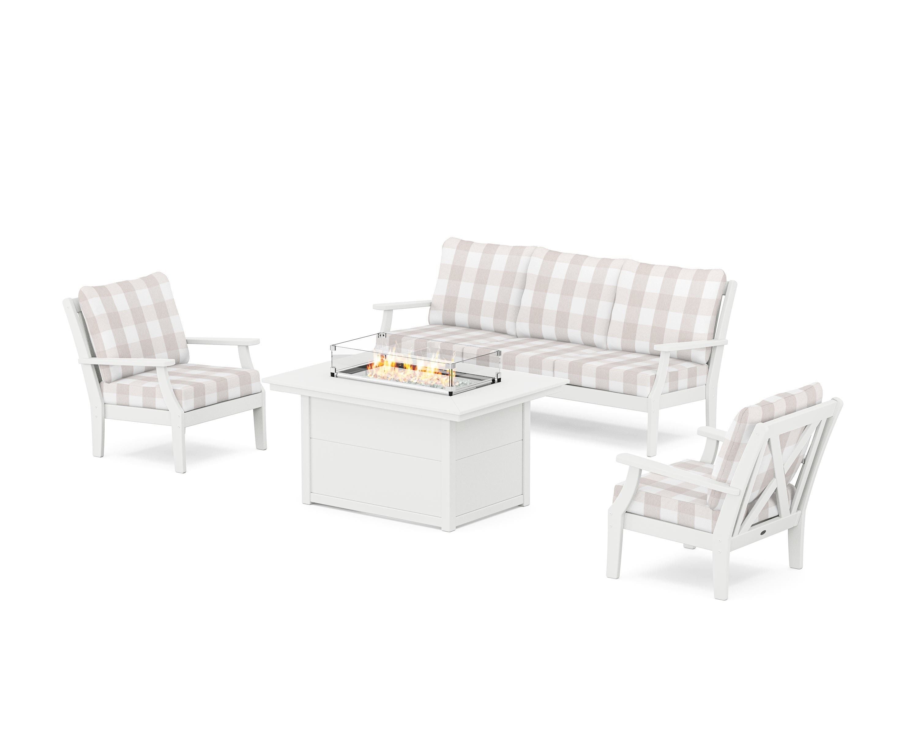POLYWOOD® Braxton Deep Seating Fire Pit Table Set in White / Buffalo Plaid Dune Burlap