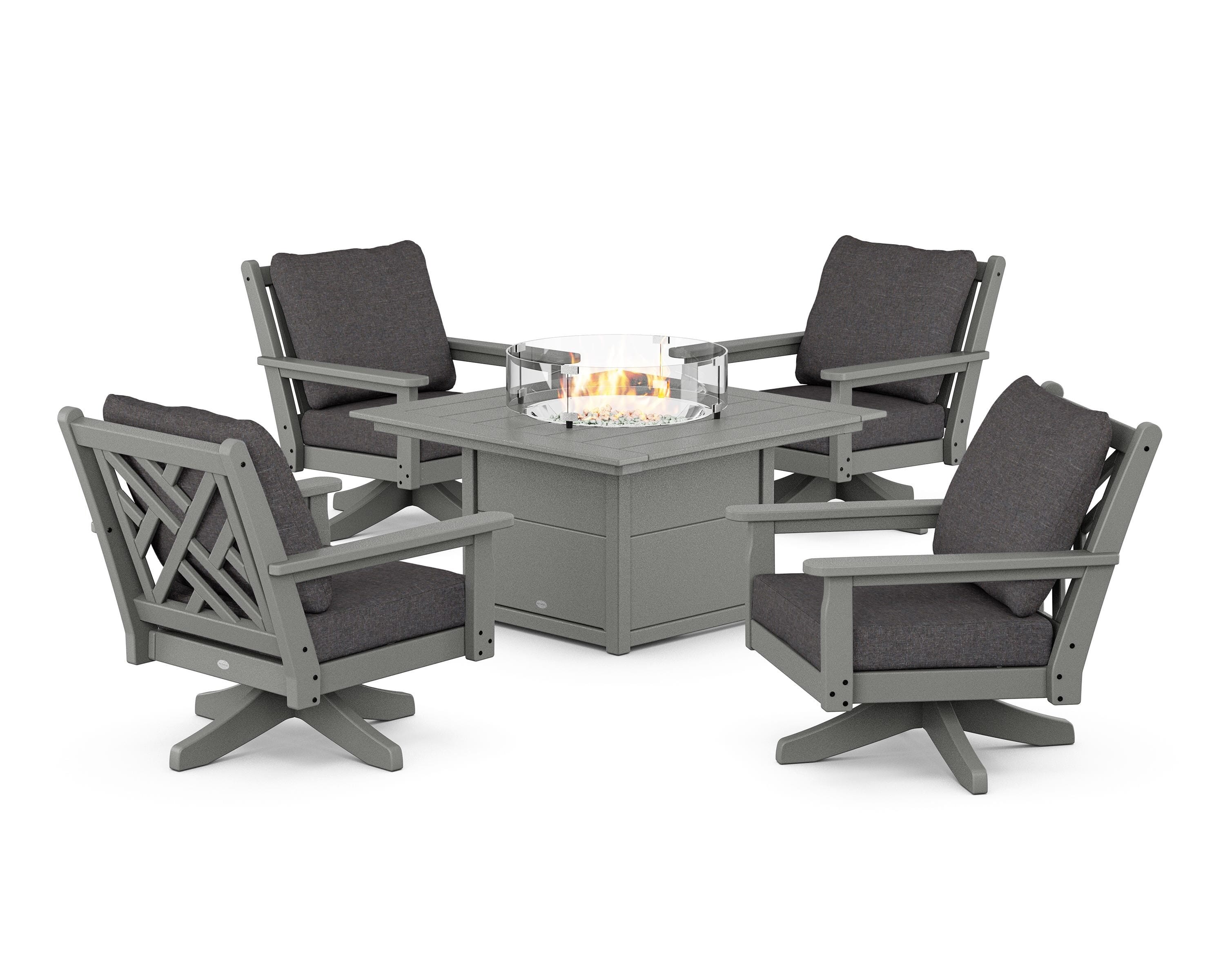 POLYWOOD® Chippendale 5-Piece Deep Seating Swivel Conversation Set with Fire Pit Table in Slate Grey / Ash Charcoal