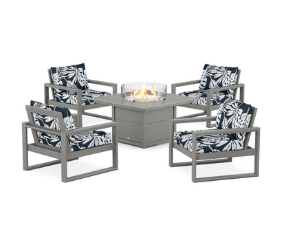 POLYWOOD® EDGE Sectional 5-Piece Deep Seating Set with Fire Pit Table in Slate Grey / Leaf Marine Indigo