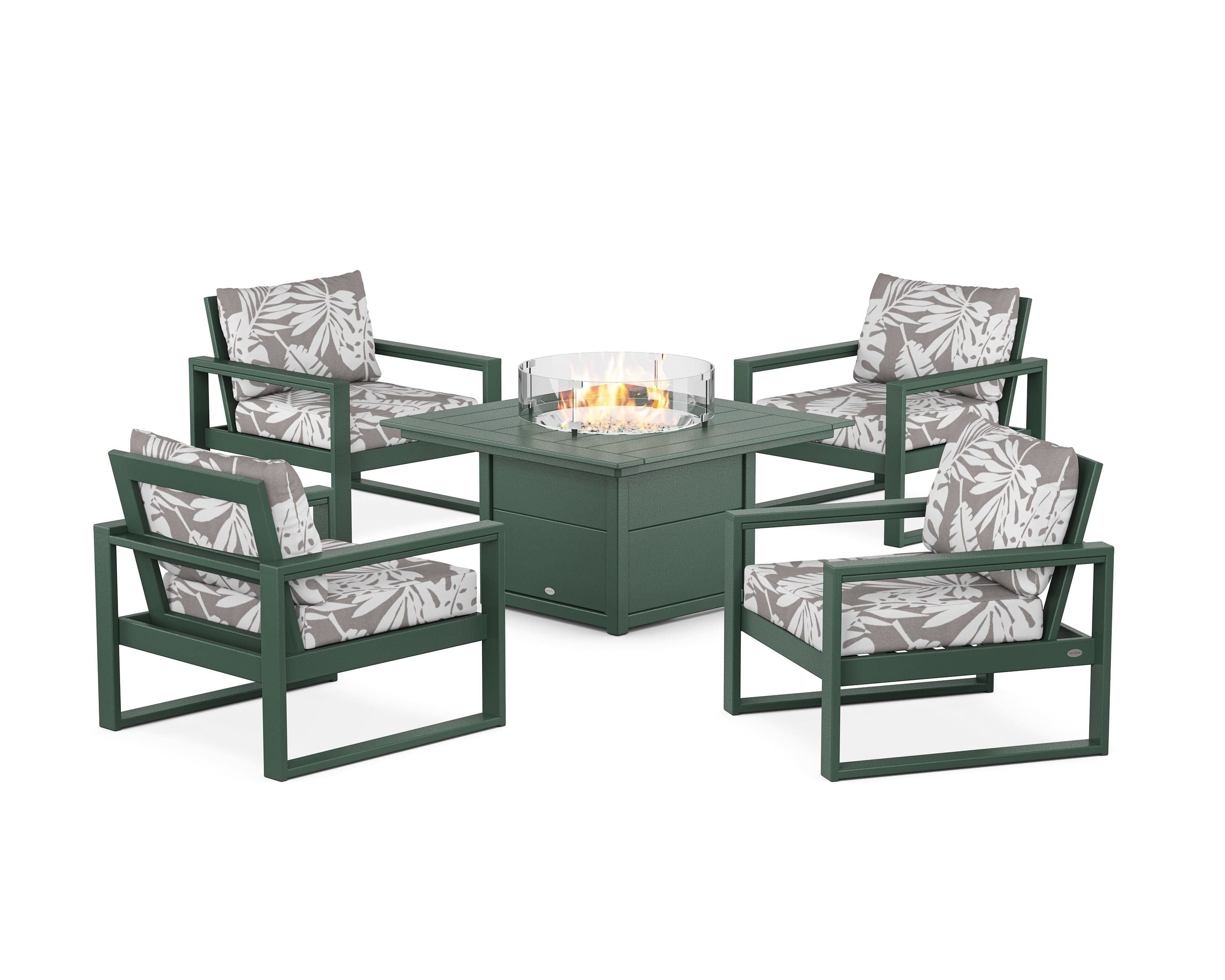 POLYWOOD® EDGE Sectional 5-Piece Deep Seating Set with Fire Pit Table in Green / Leaf Grey Mist