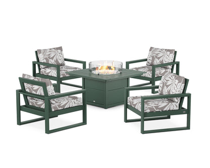 POLYWOOD® EDGE Sectional 5-Piece Deep Seating Set with Fire Pit Table in Green / Leaf Grey Mist