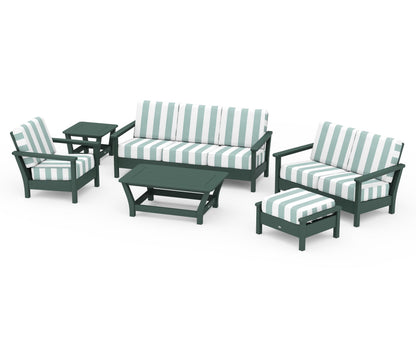 POLYWOOD® Harbour 6-Piece Outdoor Living Set in Green / Cabana Stripe Glacier Spa