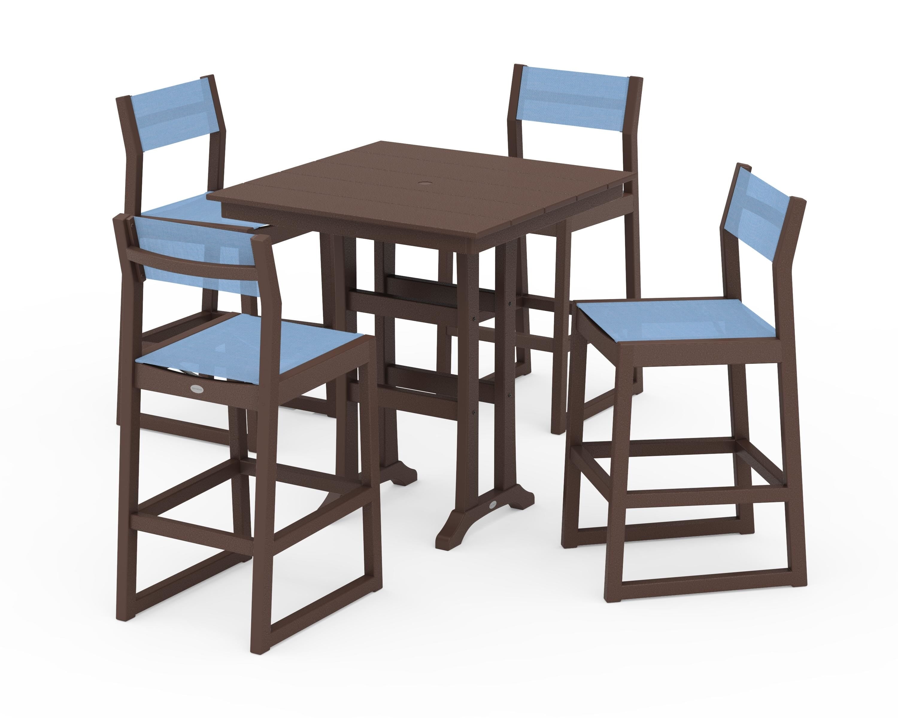 POLYWOOD® EDGE Sling Arm Chair 5-Piece Farmhouse Bar Set with Trestle Legs in Mahogany / Poolside Sling