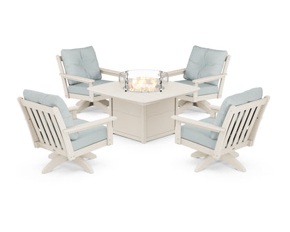 POLYWOOD® Vineyard 5-Piece Deep Seating Swivel Conversation Set with Fire Pit Table in Sand / Spa