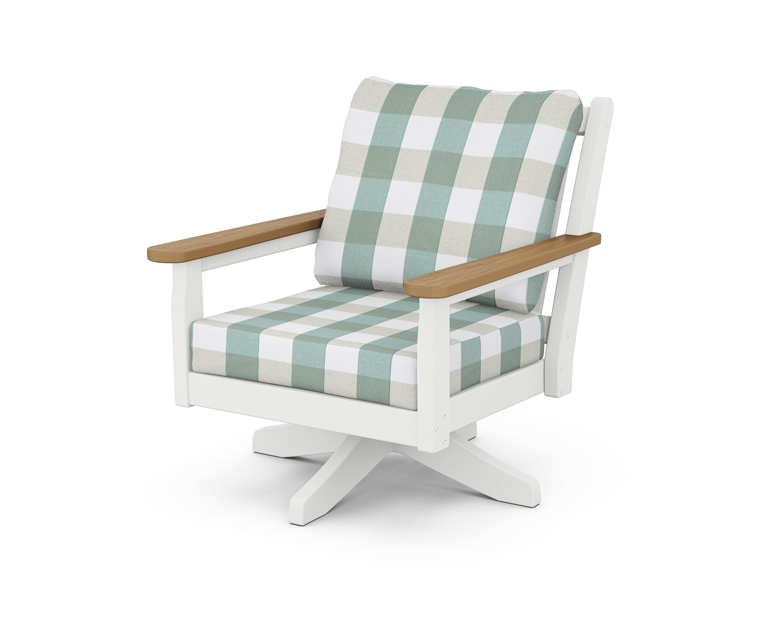 POLYWOOD® Chippendale Deep Seating Swivel Chair in White / Natural / Buffalo Plaid Glacier Spa