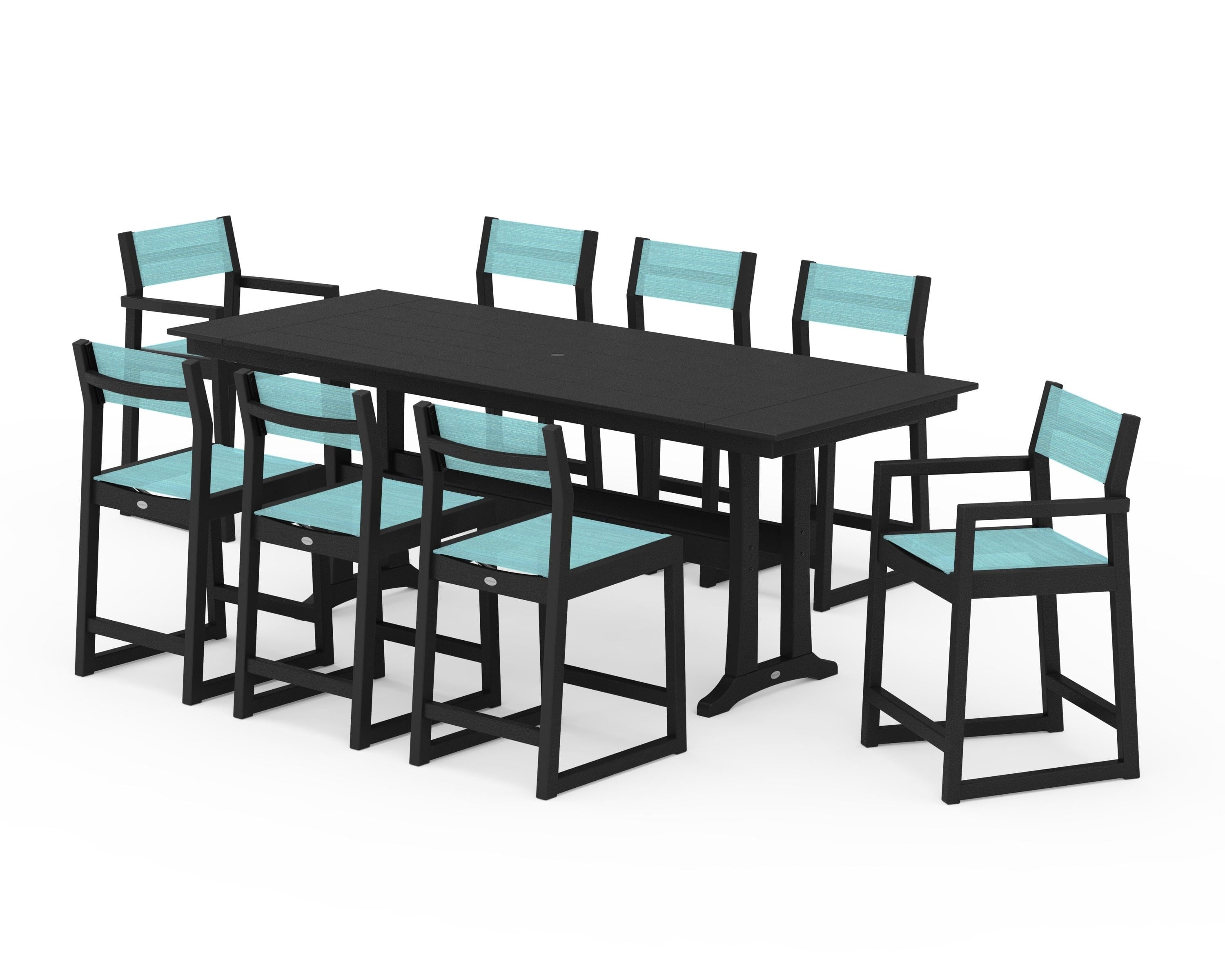 POLYWOOD® EDGE Sling 9-Piece Farmhouse Counter Set with Trestle Legs in Black / Dupioni Aquamarine Sling