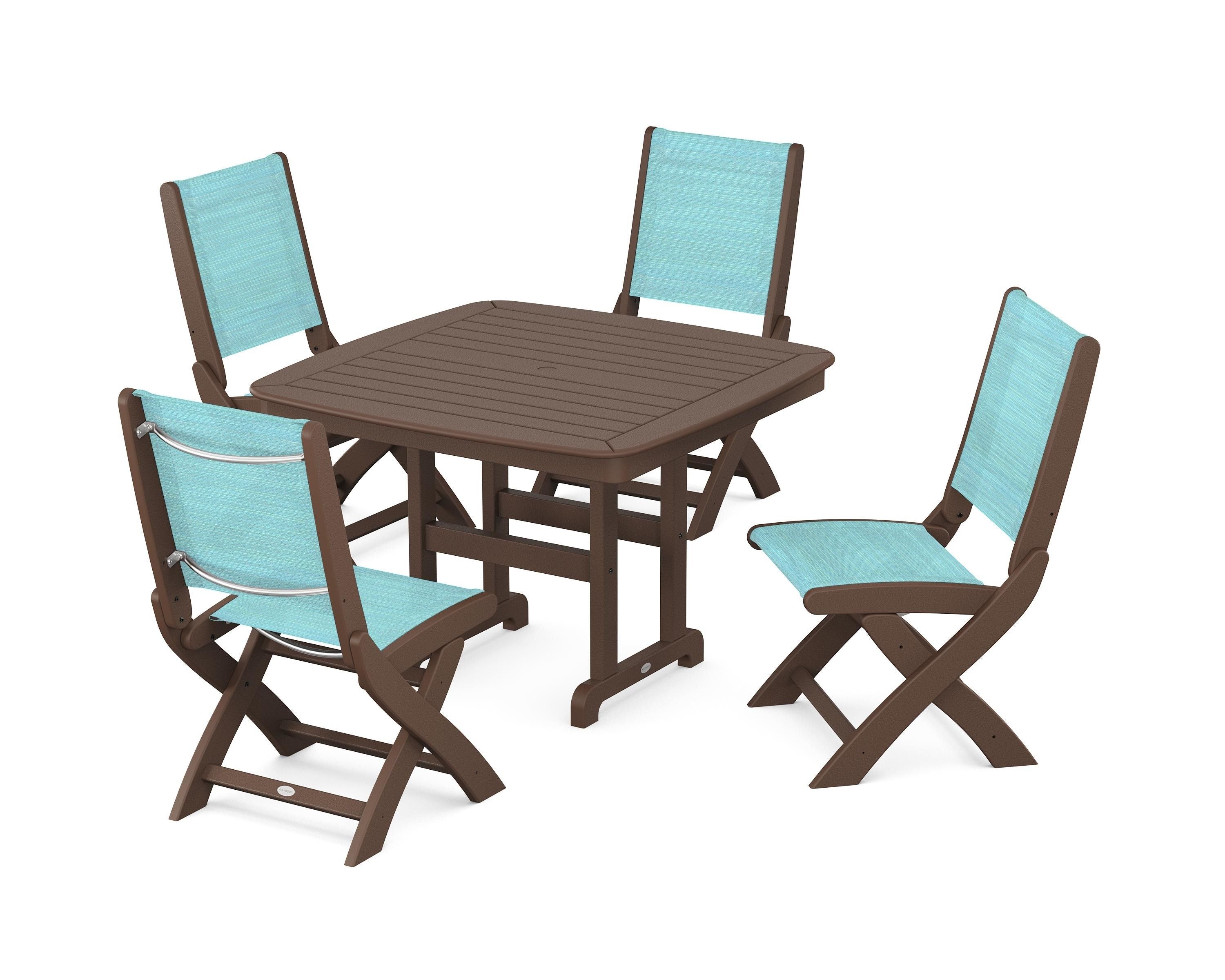 POLYWOOD® Coastal Folding Side Chair 5-Piece Dining Set in Mahogany / Dupioni Aquamarine Sling